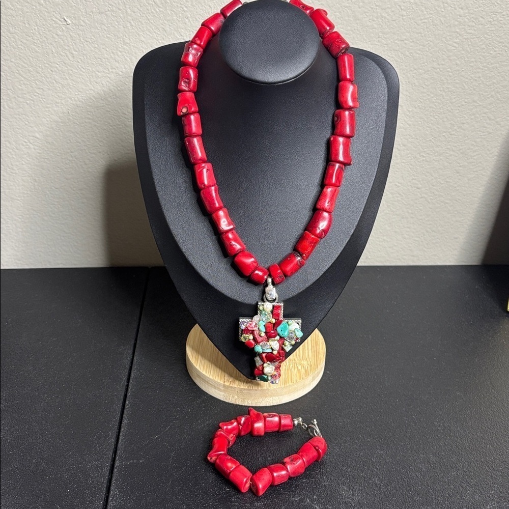 Red Coral Beaded 925 Necklace and Bracelet Set Pendant Cross Turquoise Pendant